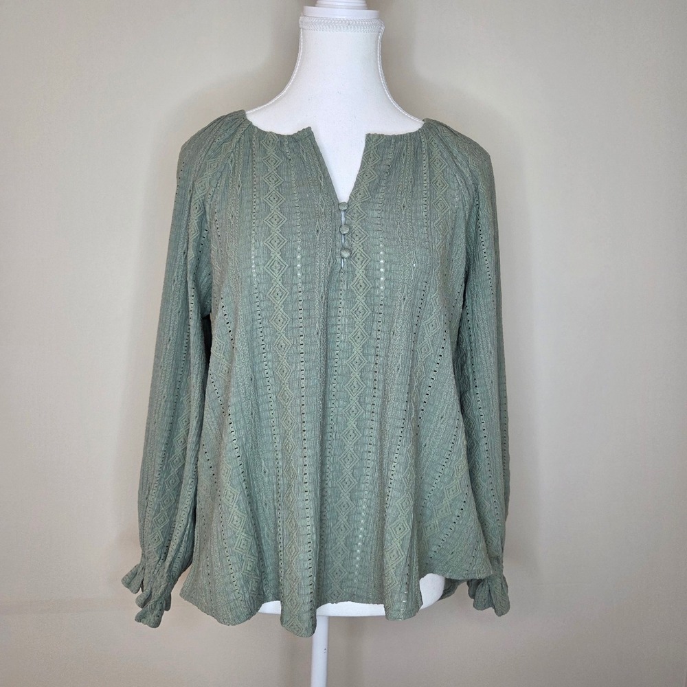 Frye Sage‎ Green Embroidered Blouse Balloon Sleeve Coastal Cowgirl Size Small
